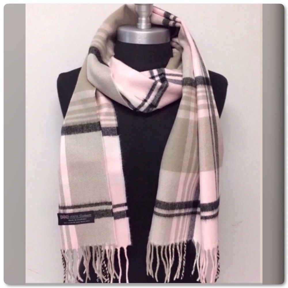100% Cashmere Pink Plaid Fringe Scarf Wrap